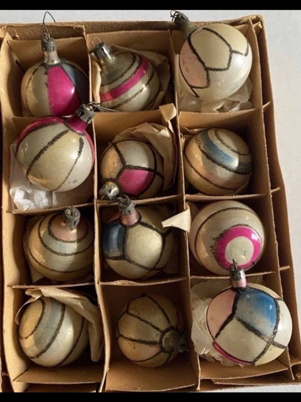 1950s Fantasia Poland Mica Mercury Glass Christmas Mini Ornaments Set 10 No Box